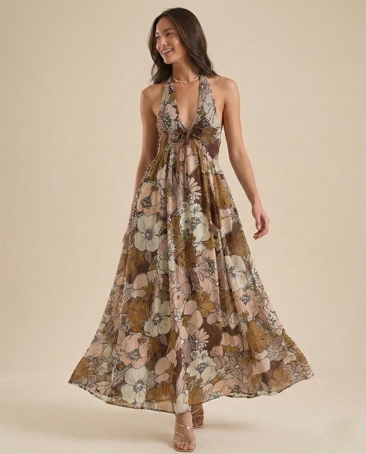 Daisy | Maxi Summer Dress with Floral Print and Halter Neckline