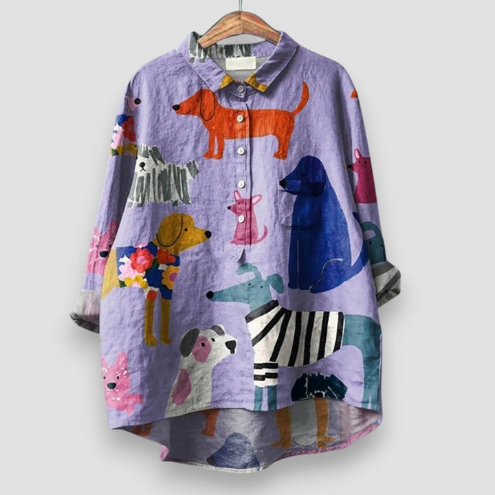 Women's Dog Print Shirt with Button Front and Shirt Collar