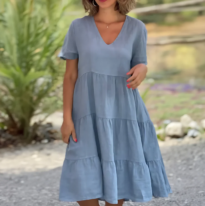 Jane | Midi Summer Dress with V-Neck and Tiered Skirt