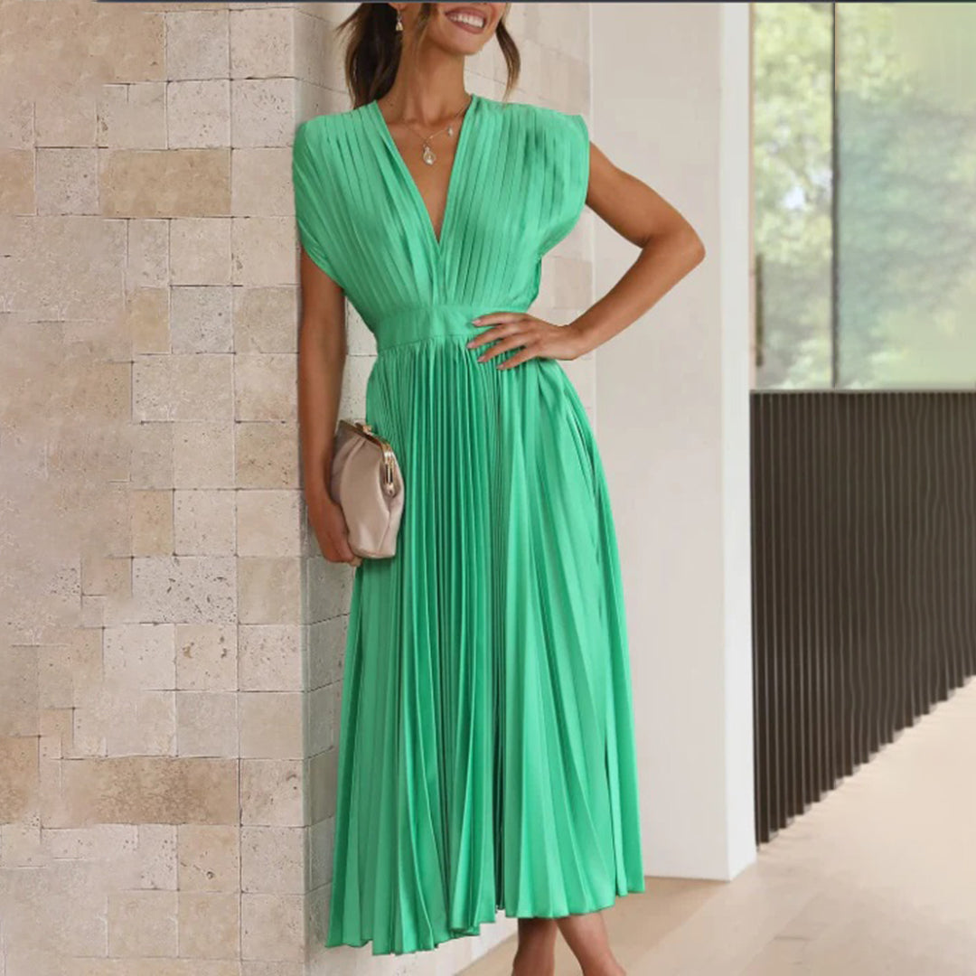 Alexis | Midi Wedding Guest Dress with V-Neck and Pleated Skirt