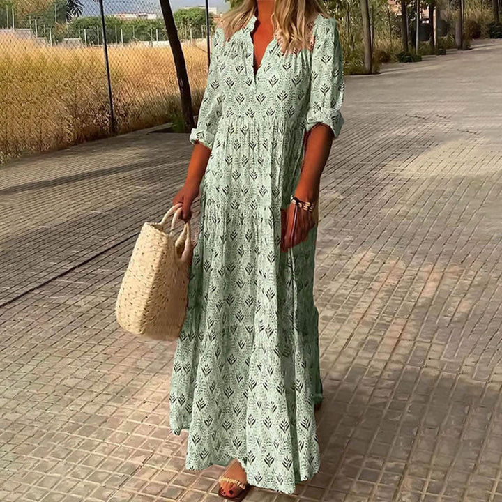Women's Boho Print Maxi Dress with Roll-Up Long Sleeves