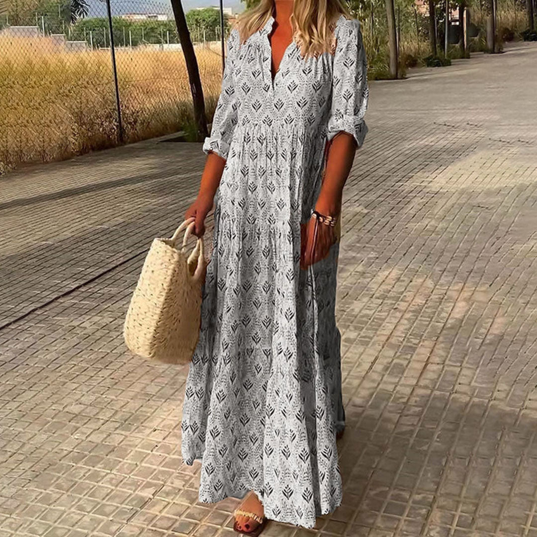 Women's Boho Print Maxi Dress with Roll-Up Long Sleeves