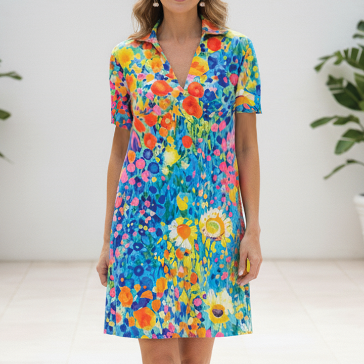 Wendy | Midi Summer Dress with V-Neck and Short Sleeves