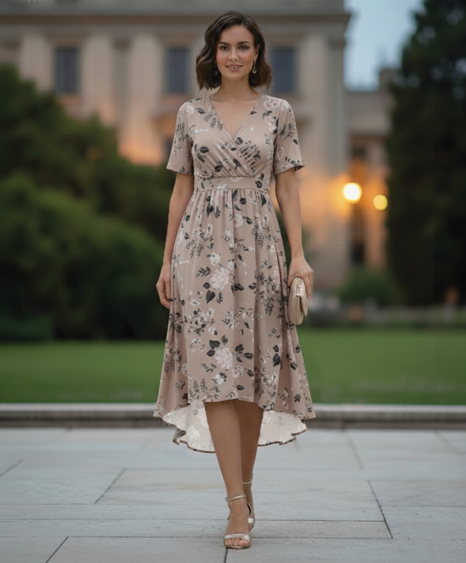 Kathy | Midi Summer Dress with Floral Print and V-Neck Wrap