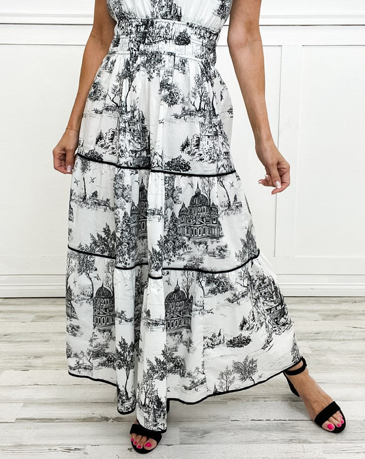 Nova | Maxi Shirt Dress with Toile Print and Tiered Skirt