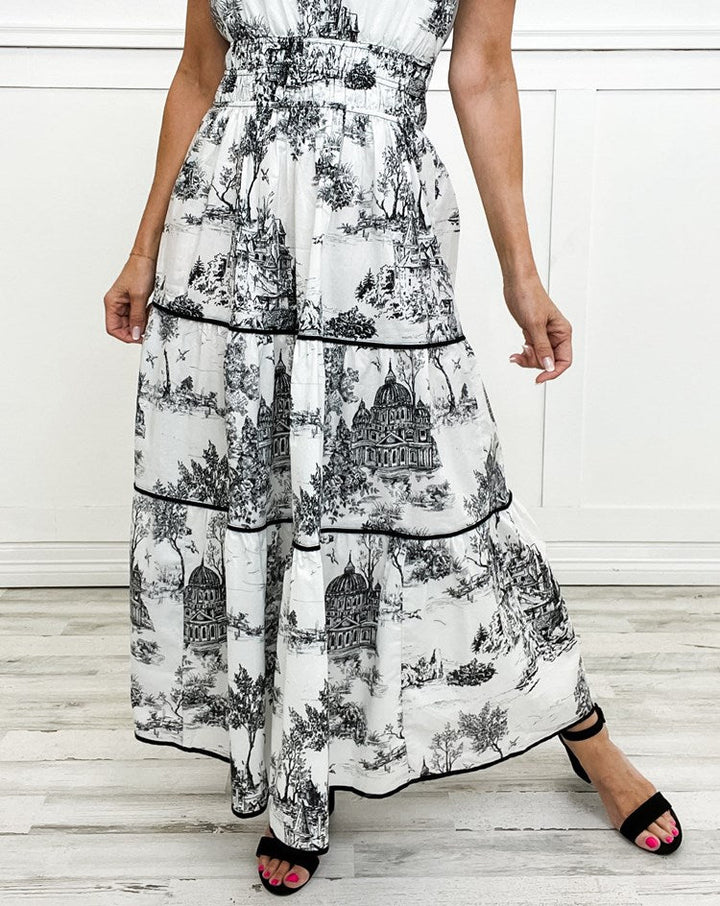 Nova | Maxi Shirt Dress with Toile Print and Tiered Skirt