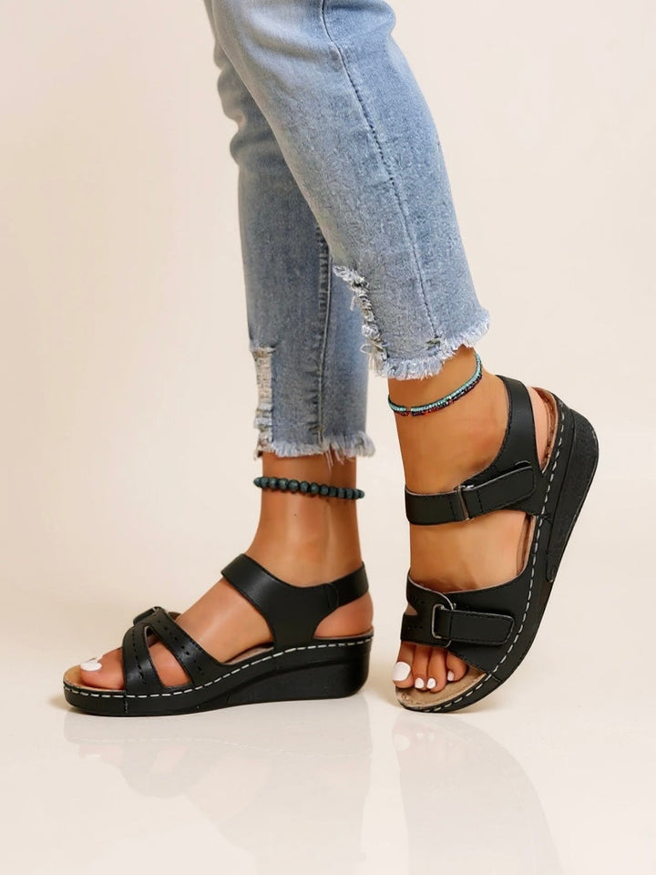 Women's Orthopedic Strappy Open Toe Wedge Sandals with Dual Buckle