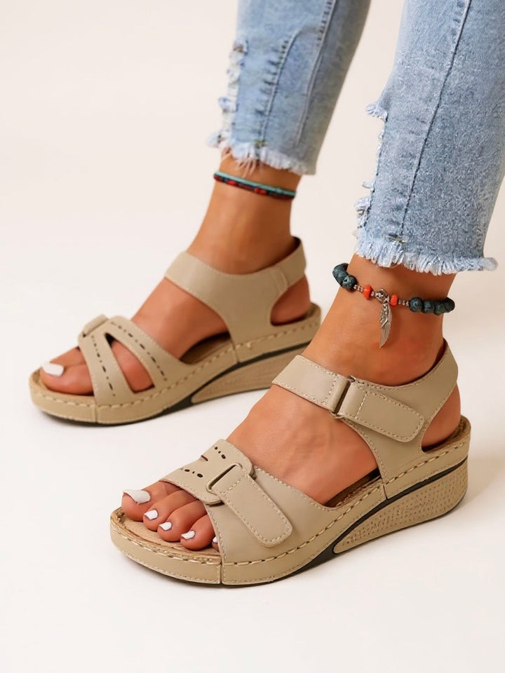 Women's Orthopedic Strappy Open Toe Wedge Sandals with Dual Buckle