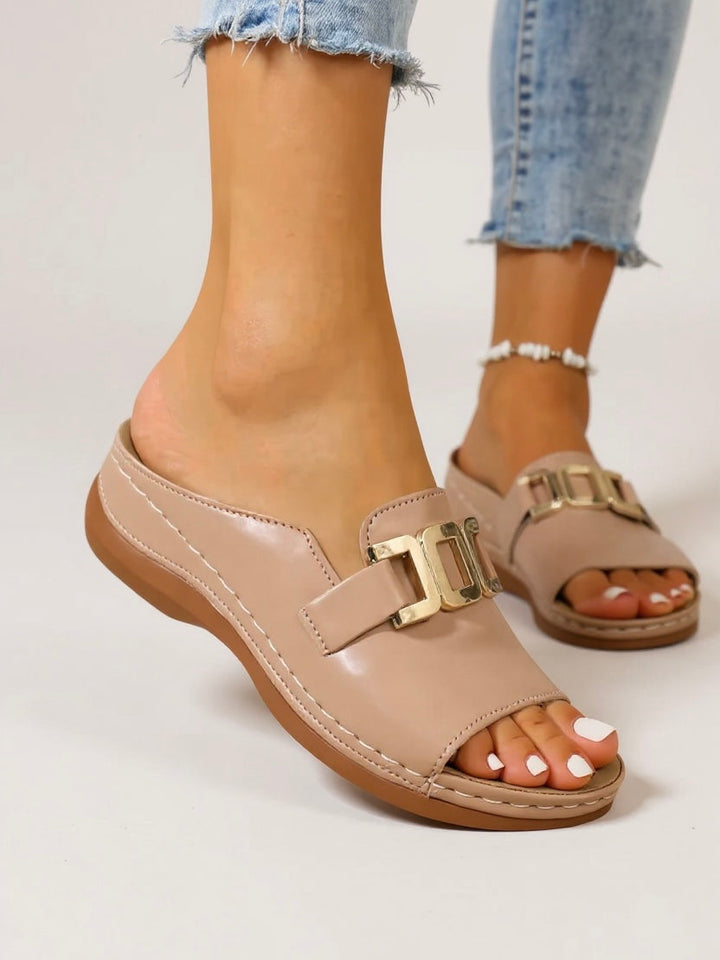 Women's Orthopedic Open Toe Flat Slide Sandals with Buckle Strap