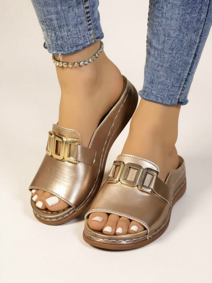 Women's Orthopedic Open Toe Flat Slide Sandals with Buckle Strap