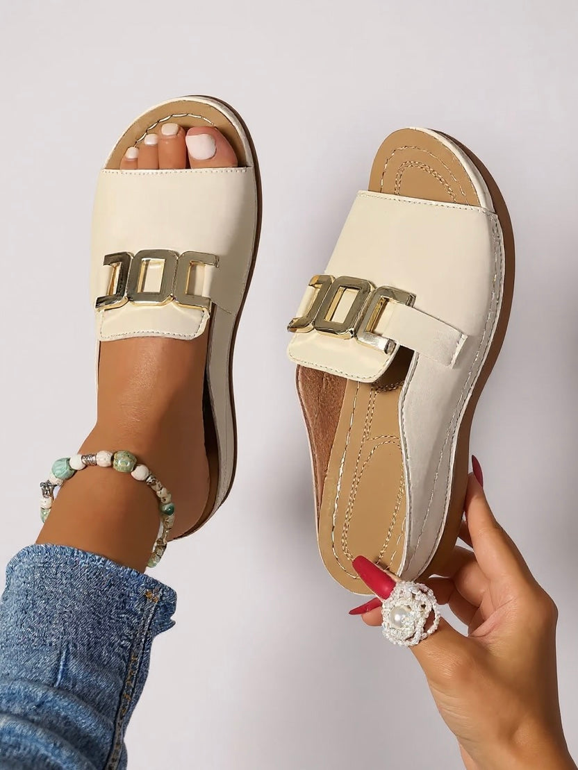 Women's Orthopedic Open Toe Flat Slide Sandals with Buckle Strap