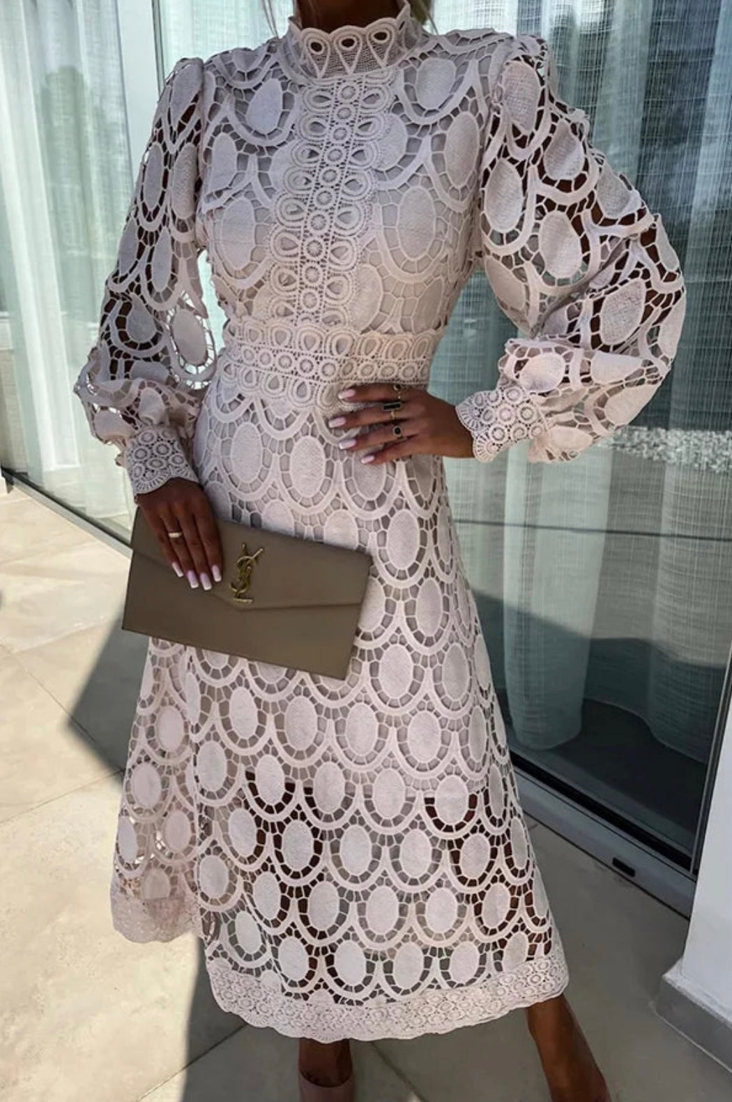 Women's High Neck Midi Dress with Openwork Crochet Pattern