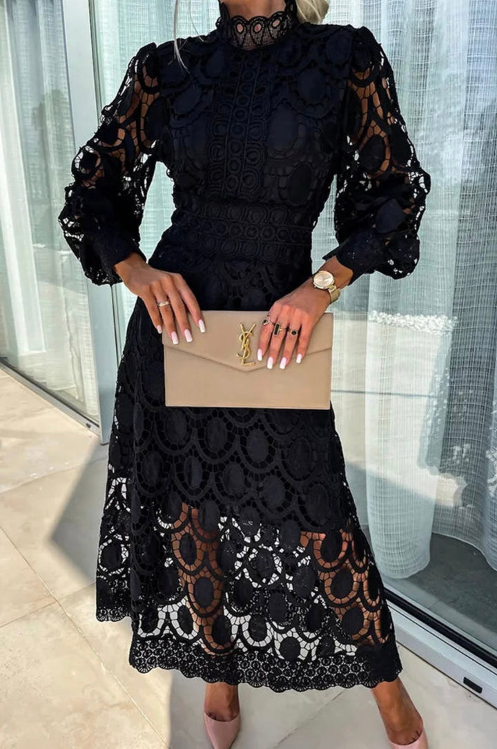 Women's High Neck Midi Dress with Openwork Crochet Pattern