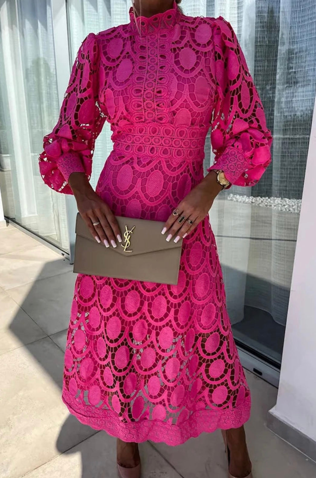 Women's High Neck Midi Dress with Openwork Crochet Pattern