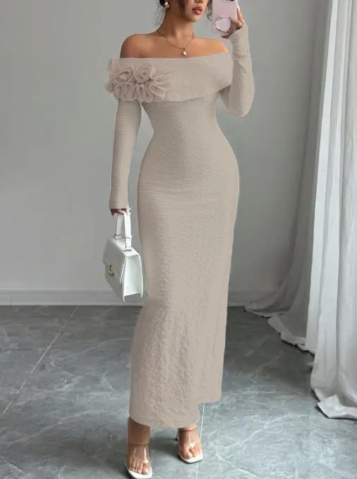 Linda | Maxi Wedding Guest Dress with Off Shoulder and Floral Trim
