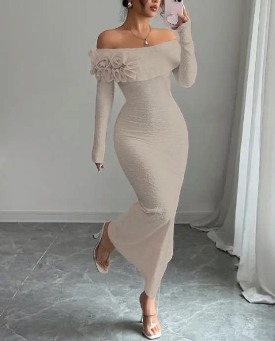 Linda | Maxi Wedding Guest Dress with Off Shoulder and Floral Trim