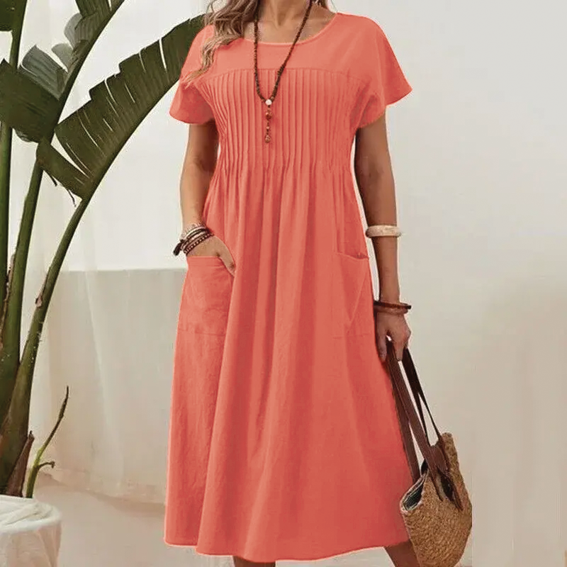 Deborah | Midi Summer Dress with Pleated Bodice and Pockets