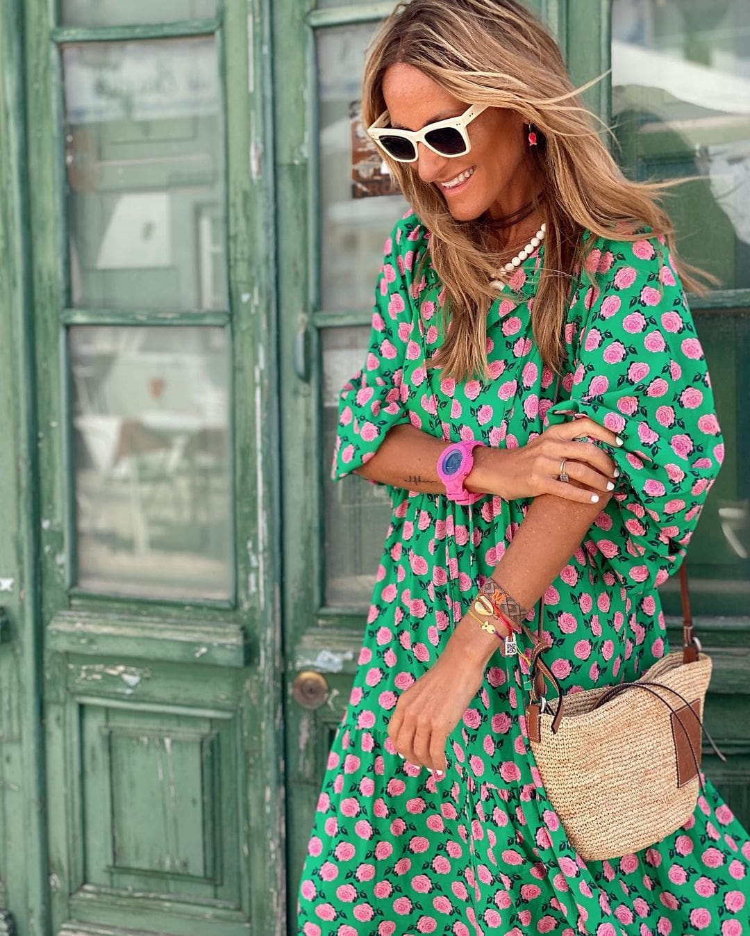 Women's Printed Maxi Dress with V-Neck and Puffed Sleeve