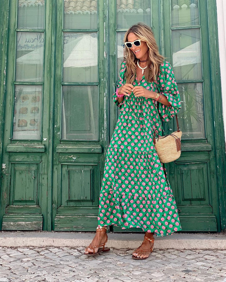 Women's Printed Maxi Dress with V-Neck and Puffed Sleeve