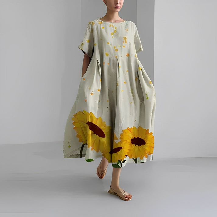 Jacklyn | Midi Summer Dress with Floral Print and Round Neck