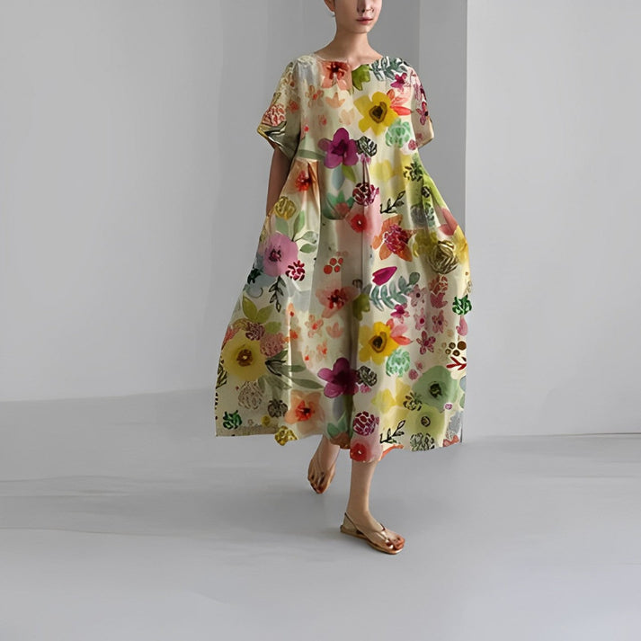 Jacklyn | Midi Summer Dress with Floral Print and Round Neck