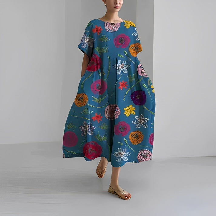 Jacklyn | Midi Summer Dress with Floral Print and Round Neck