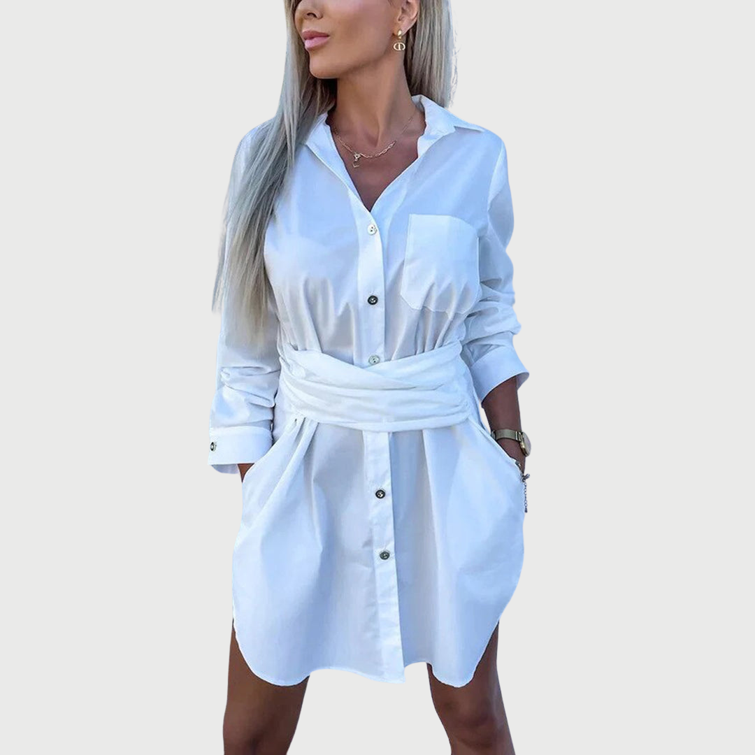 Ivy | Mini Shirt Dress with Tie Waist and Long Sleeves