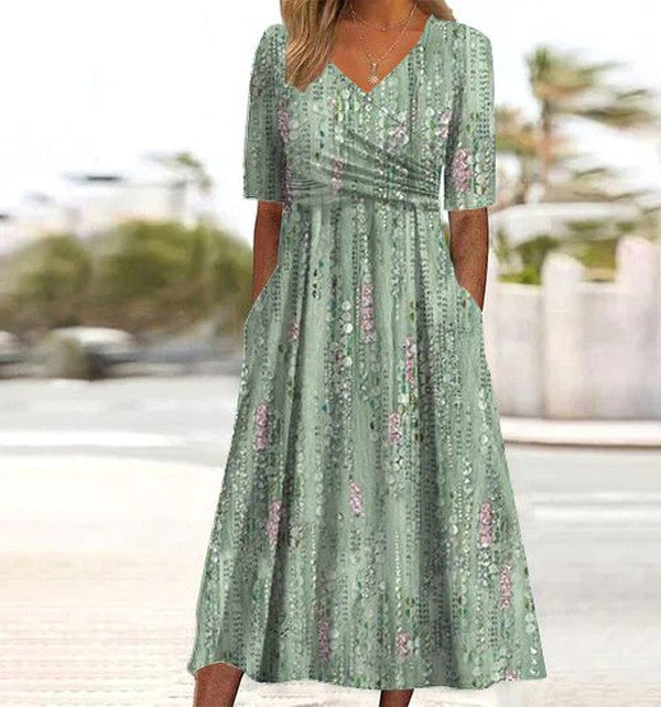 Women's Flared Midi Dress with V-Neck Short Sleeve