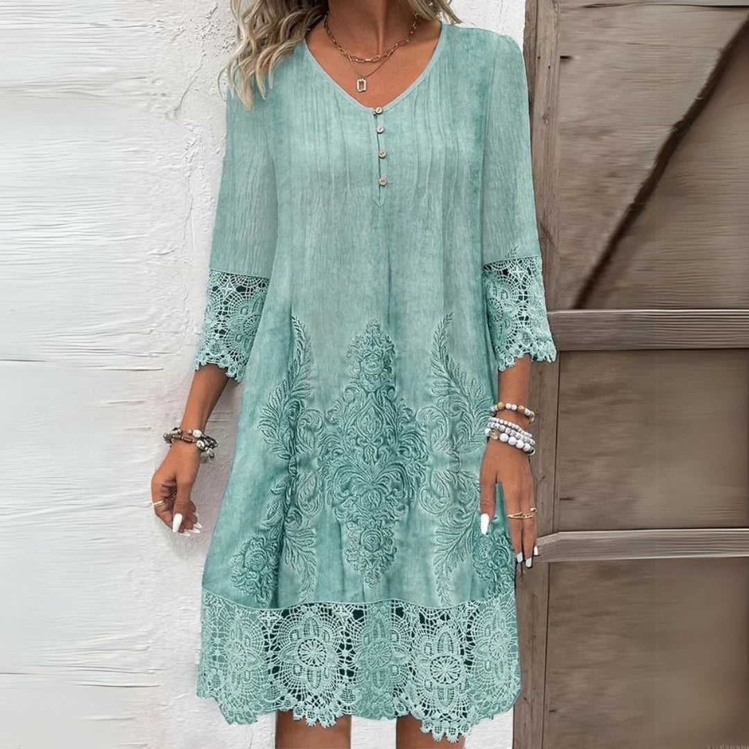 Women's Lace Midi Dress with V-Neck Button Placket and 3/4 Sleeves