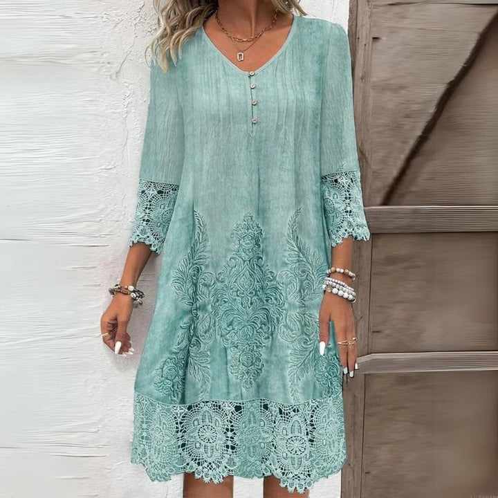 Women's Lace Midi Dress with V-Neck Button Placket and 3/4 Sleeves