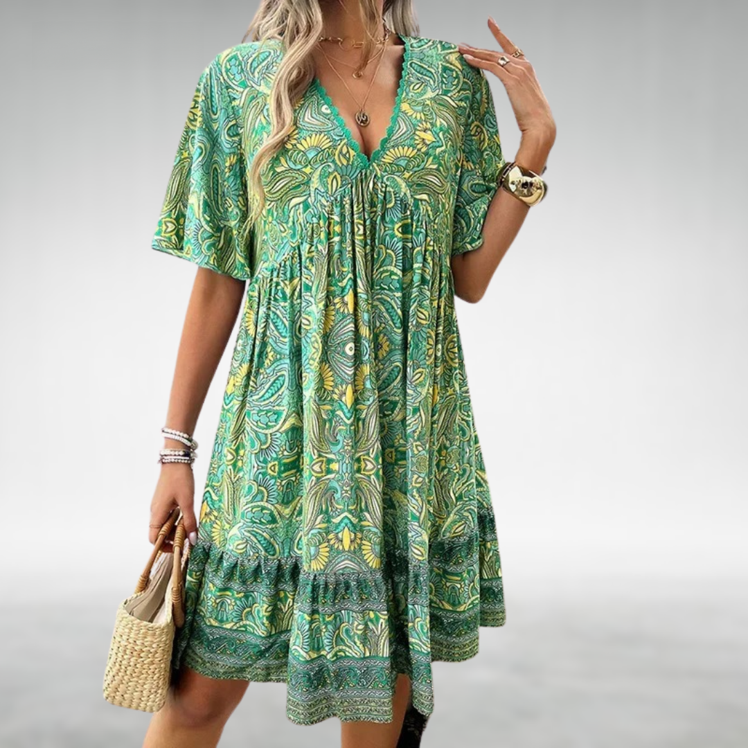 Danielle | Mini Summer Dress with Boho Print and Elbow-Length Sleeves