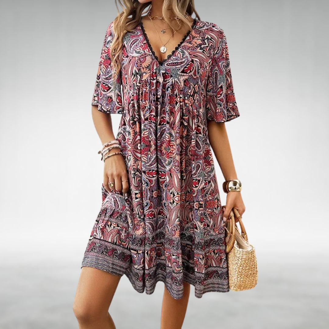 Danielle | Mini Summer Dress with Boho Print and Elbow-Length Sleeves