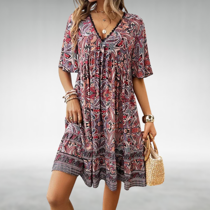 Danielle | Mini Summer Dress with Boho Print and Elbow-Length Sleeves