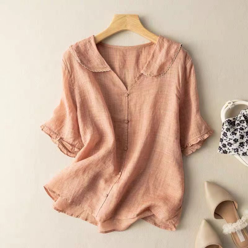 Pippa | Short Sleeve Blouse with Peter Pan Collar and Button Front