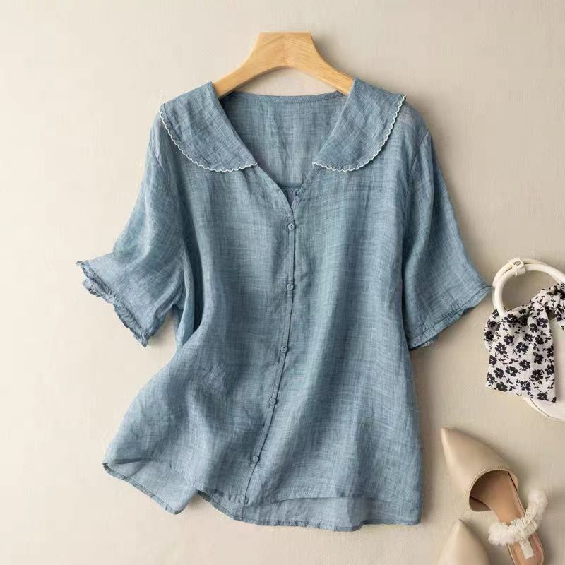 Pippa | Short Sleeve Blouse with Peter Pan Collar and Button Front