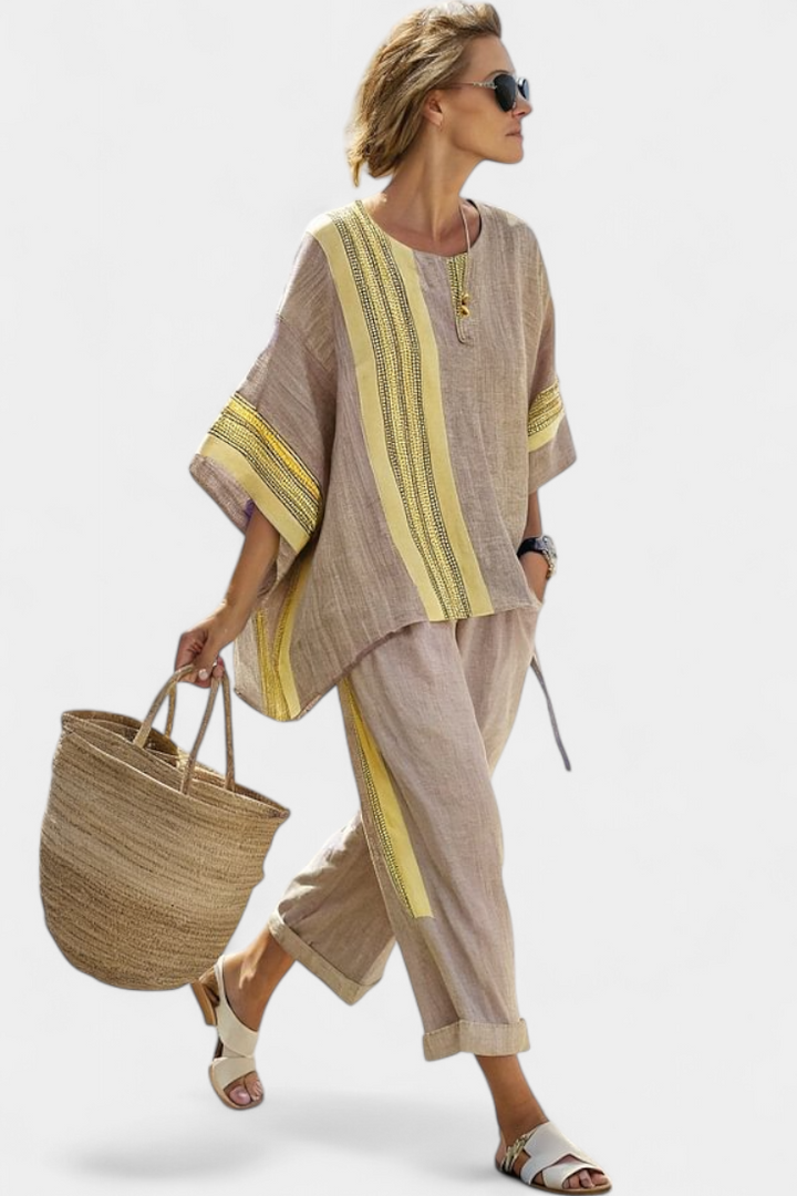 Leona | Matching Set with Stripe Trim and Wide Leg Trousers