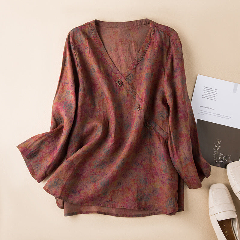 Thea | Paisley Print Blouse with V Neckline and Long Sleeves