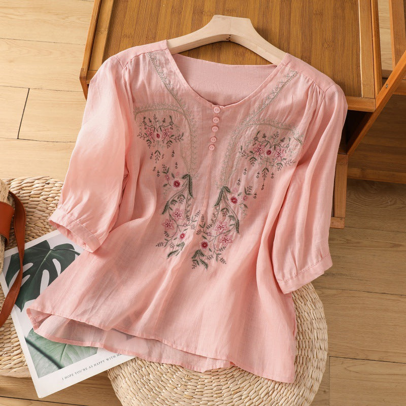 Women's Floral Embroidered Blouse with Round Neck and Short Sleeve