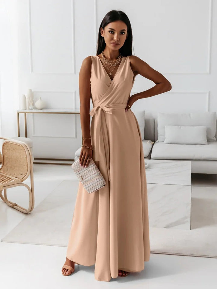 Women's V Neck Maxi Dress with Wrap and Flowing Design