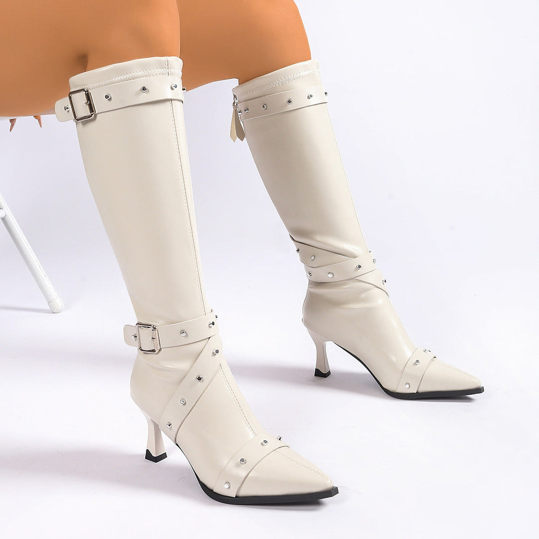 Women's Knee High Boots with Buckle Strap and Kitten Heel