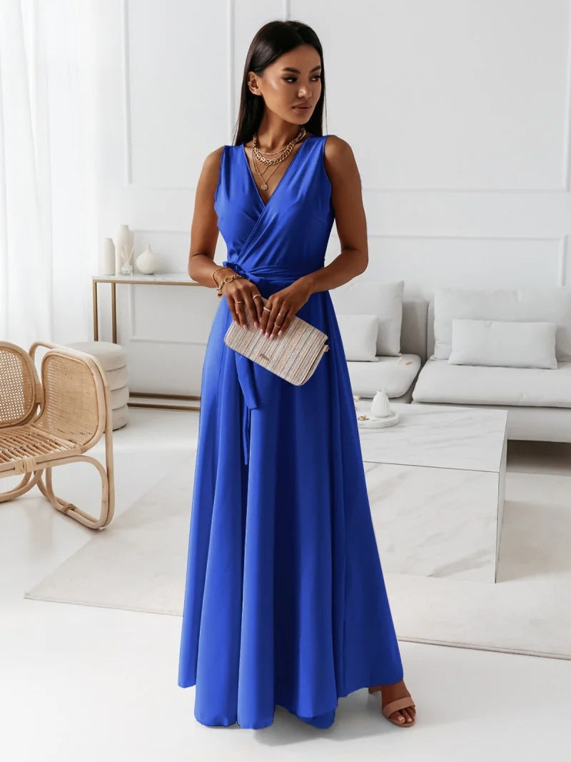 Women's V Neck Maxi Dress with Wrap and Flowing Design