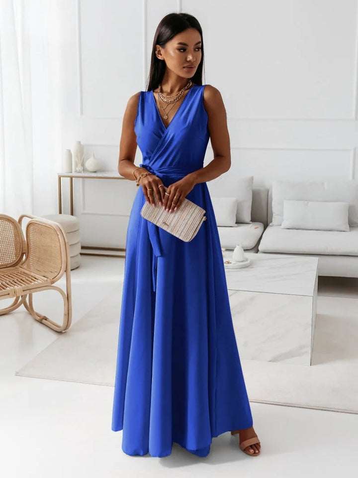 Women's V Neck Maxi Dress with Wrap and Flowing Design