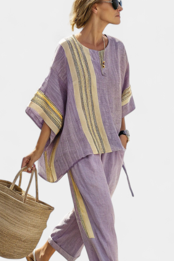 Leona | Matching Set with Stripe Trim and Wide Leg Trousers