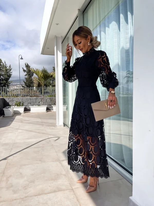 Olivia | Midi Wedding Guest Dress with High Neck and Long Sleeves