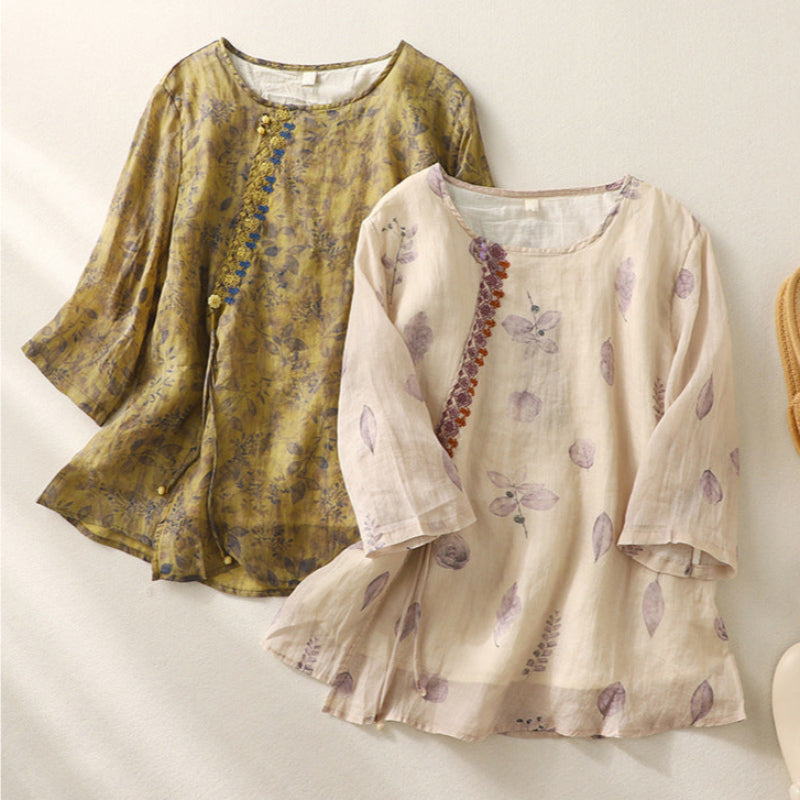 Hattie | Floral Print Blouse with Round Neckline and Three Quarter Sleeves
