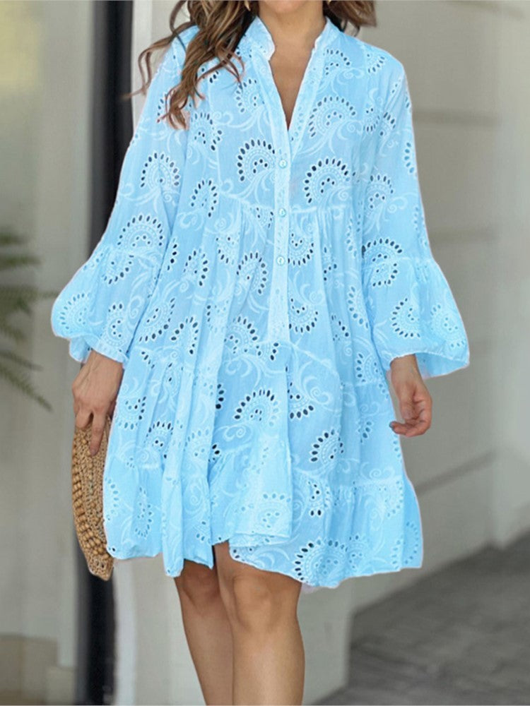 Women's Tiered Mini Dress with Bell Sleeves and Eyelet Detail