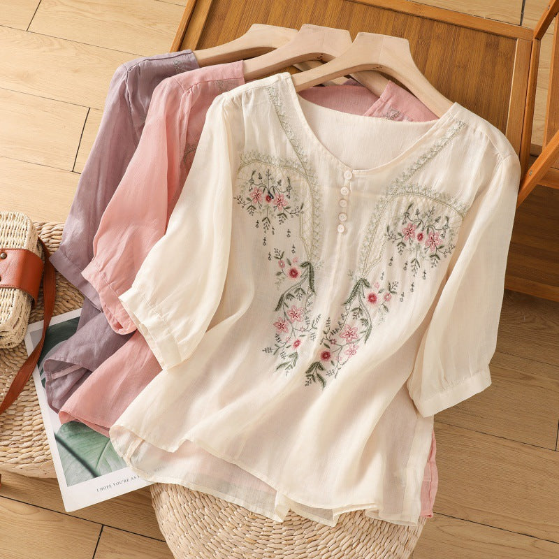 Women's Floral Embroidered Blouse with Round Neck and Short Sleeve