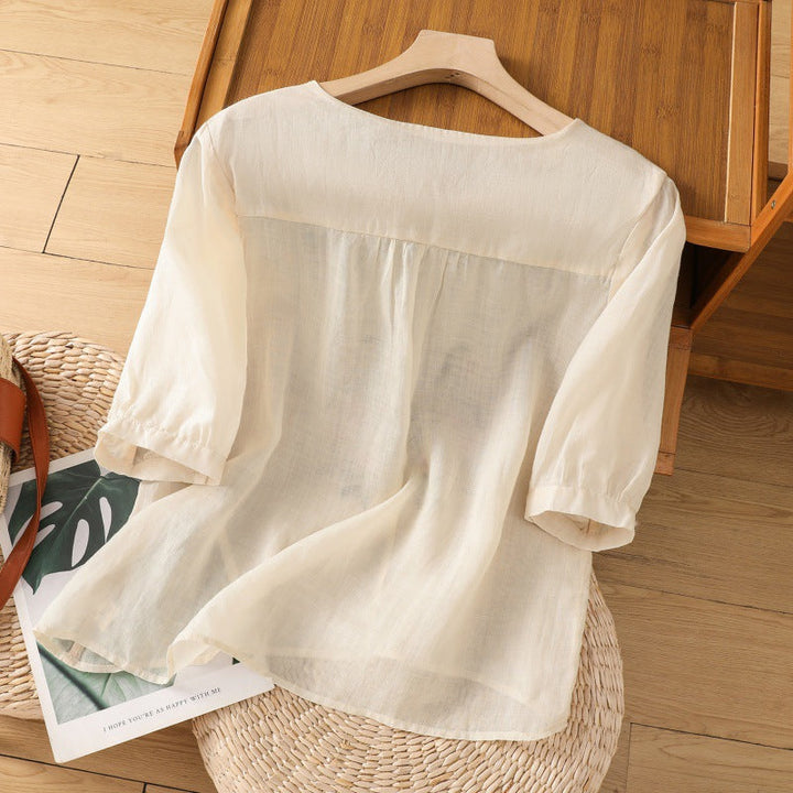 Women's Floral Embroidered Blouse with Round Neck and Short Sleeve