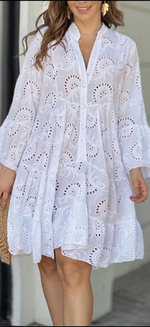 Women's Tiered Mini Dress with Bell Sleeves and Eyelet Detail