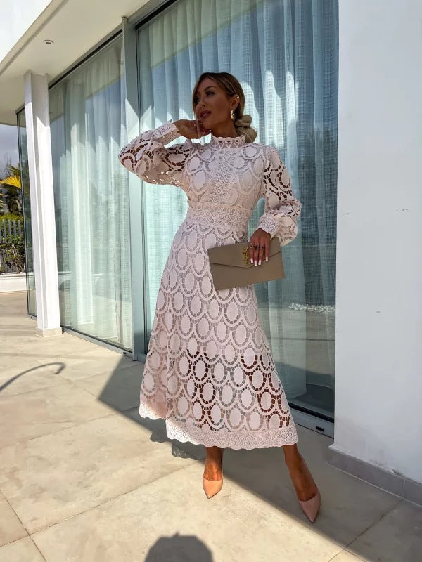 Olivia | Midi Wedding Guest Dress with High Neck and Long Sleeves
